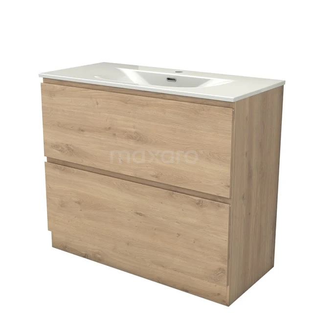 Modulo Bathroom furniture with sink | 100 cm Light brown oak Handle-less front Ceramic 2 high drawers standing drawers under each other BMW13S-00366
