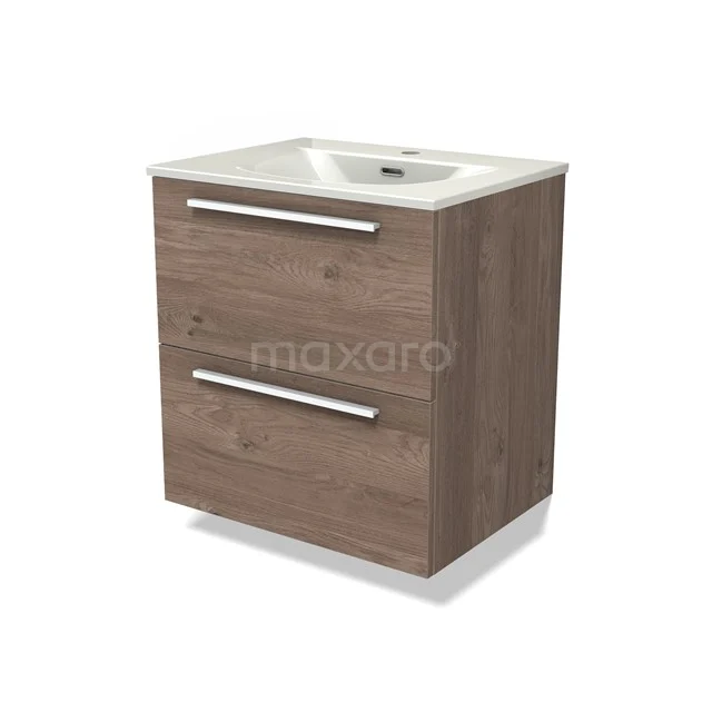 Modulo Vanity units with basin | 60 cm Mid brown oak Flat front Ceramic 2 Stacked drawers BMW17-05317