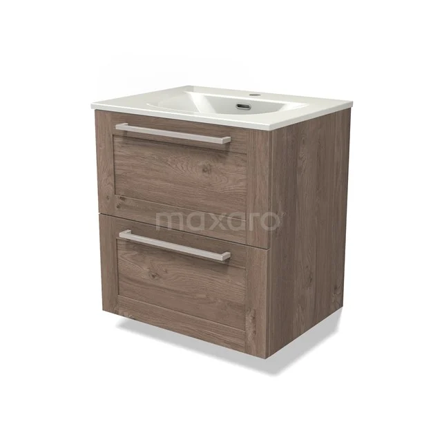 Modulo Vanity units with basin | 60 cm Mid brown oak Frame front Ceramic 2 Stacked drawers BMW17-05318