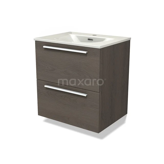 Modulo Waschtische | 60 cm Dunkelbraune Eiche Flach front Keramik 2 übereinanderliegende Schubladen BMW17-05319