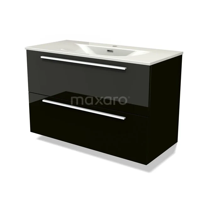 Modulo Vanity units with basin | 100 cm High-gloss black Flat front Ceramic 2 Stacked drawers BMW17-05346