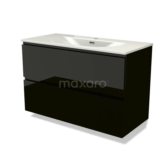 Modulo Bathroom furniture with sink | 100 cm High-gloss black Handle-less front Ceramic 2 Stacked drawers BMW17-05348