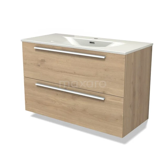 Modulo Vanity units with basin | 100 cm Light brown oak Flat front Ceramic 2 Stacked drawers BMW17-05351