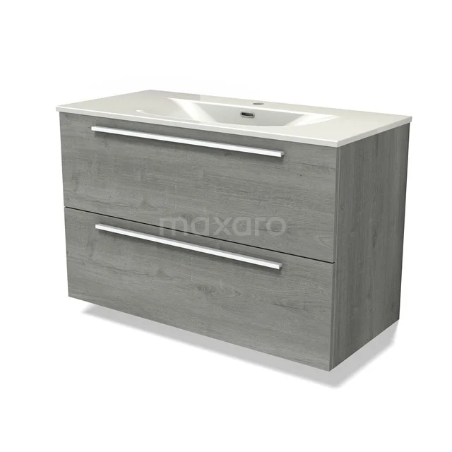 Modulo Vanity units with basin | 100 cm Grey oak Flat front Ceramic 2 Stacked drawers BMW17-05357