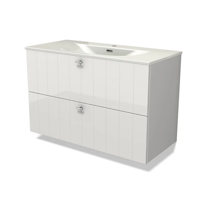 Modulo Vanity units with basin | 100 cm High-gloss white Slat front Ceramic 2 Stacked drawers BMW17-05386