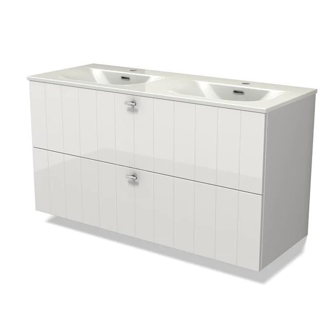 Modulo Vanity units with basin | 120 cm High-gloss white Slat front Ceramic 2 Stacked drawers BMW17-05389