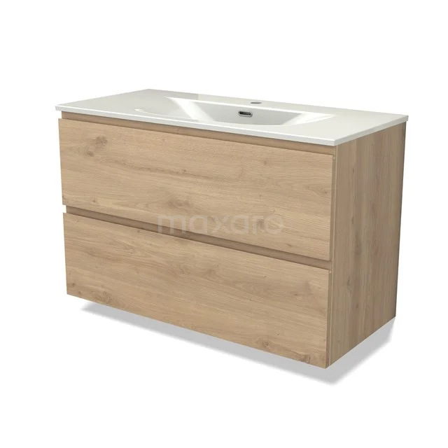 Modulo Vanity units with basin | 100 cm Light brown oak Handle-less front Ceramic 2 Stacked drawers BMW17-05441
