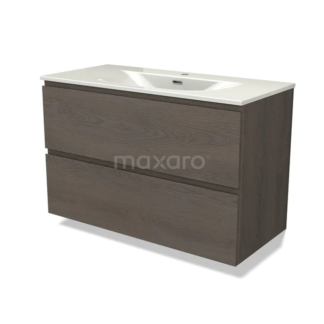 Modulo Vanity units with basin | 100 cm Dark brown oak Handle-less front Ceramic 2 Stacked drawers BMW17-05443