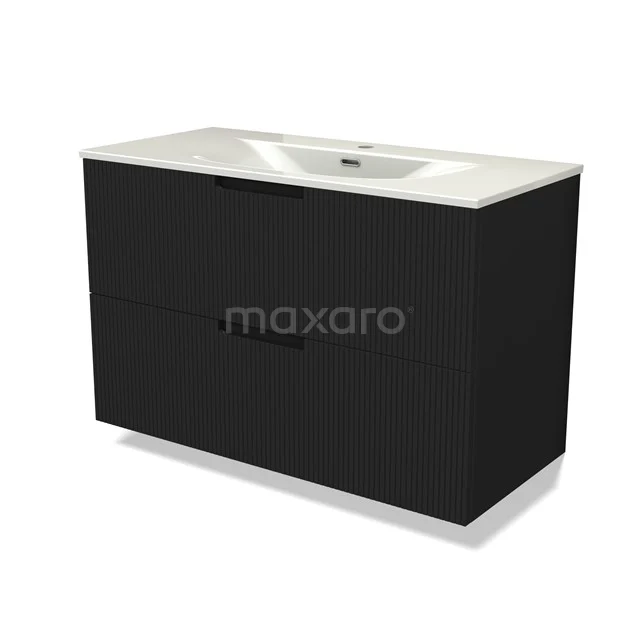 Modulo Vanity units with basin | 100 cm Matte black Line front Ceramic 2 Stacked drawers BMW17-05487