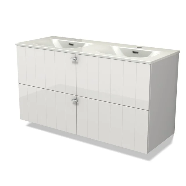 Modulo Vanity units with basin | 120 cm High-gloss white Slat front Ceramic 4 drawers BMW18-01290