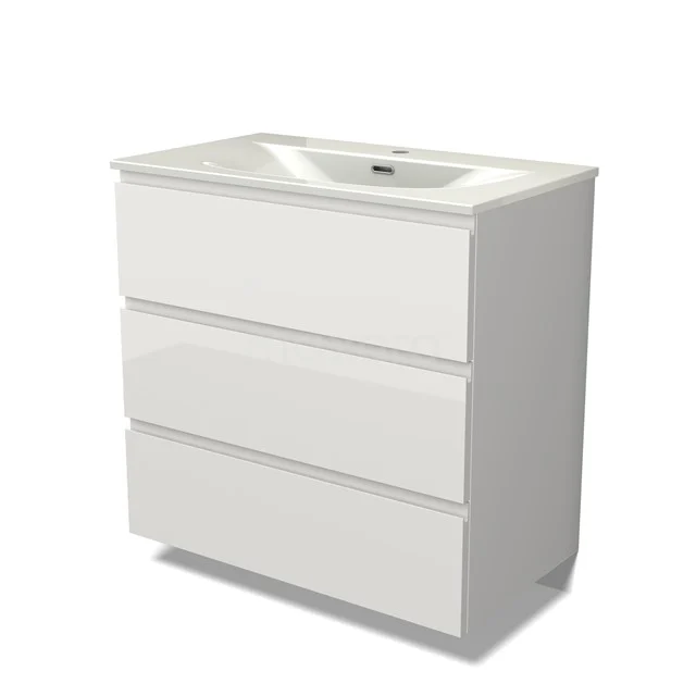 Modulo Vanity units with basin | 80 cm High-gloss white Handle-less front Ceramic 3 drawers BMW19-02872