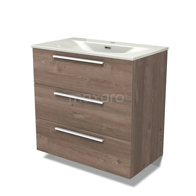 Modulo Vanity units with basin | 80 cm Mid brown oak Flat front Ceramic 3 drawers BMW19-02888