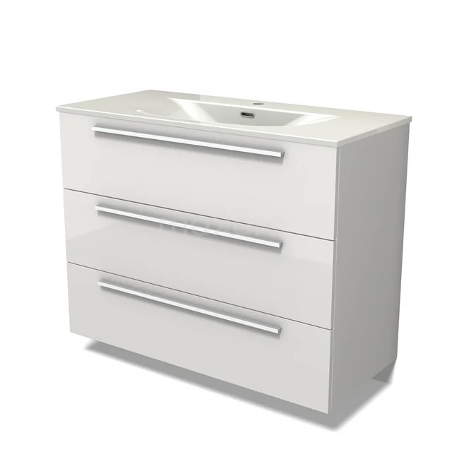 Modulo Vanity units with basin | 100 cm High-gloss white Flat front Ceramic 3 drawers BMW19-02902