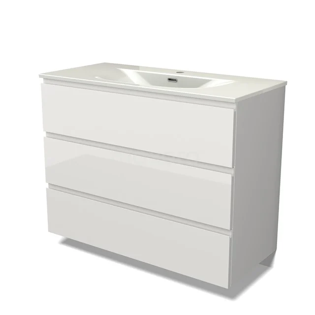 Modulo Vanity units with basin | 100 cm High-gloss white Handle-less front Ceramic 3 drawers BMW19-02904
