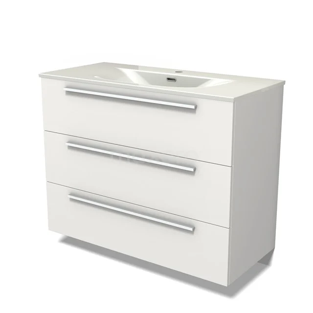 Modulo Vanity units with basin | 100 cm Matte white Flat front Ceramic 3 drawers BMW19-02905