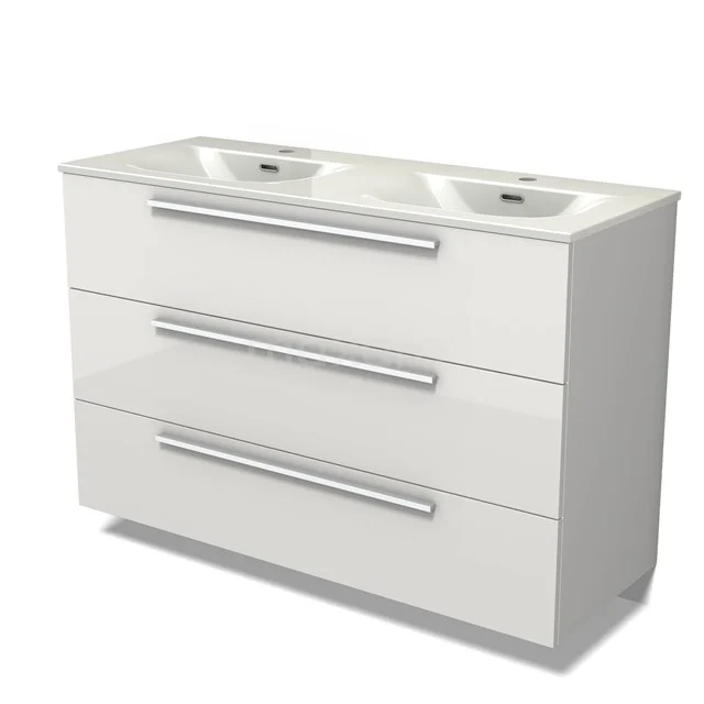 Modulo Vanity units with basin | 120 cm High-gloss white Flat front Ceramic 3 drawers BMW19-02934