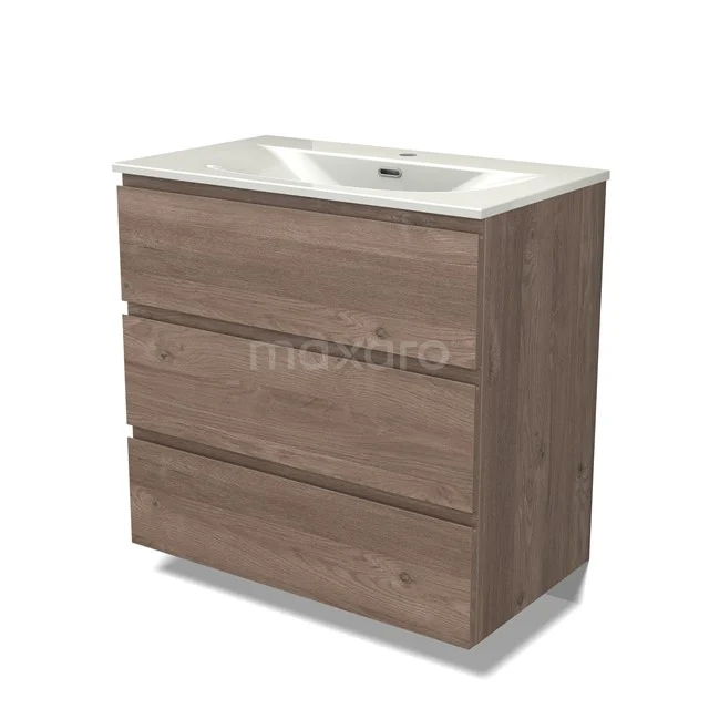 Modulo Vanity units with basin | 80 cm Mid brown oak Handle-less front Ceramic 3 drawers BMW19-02961