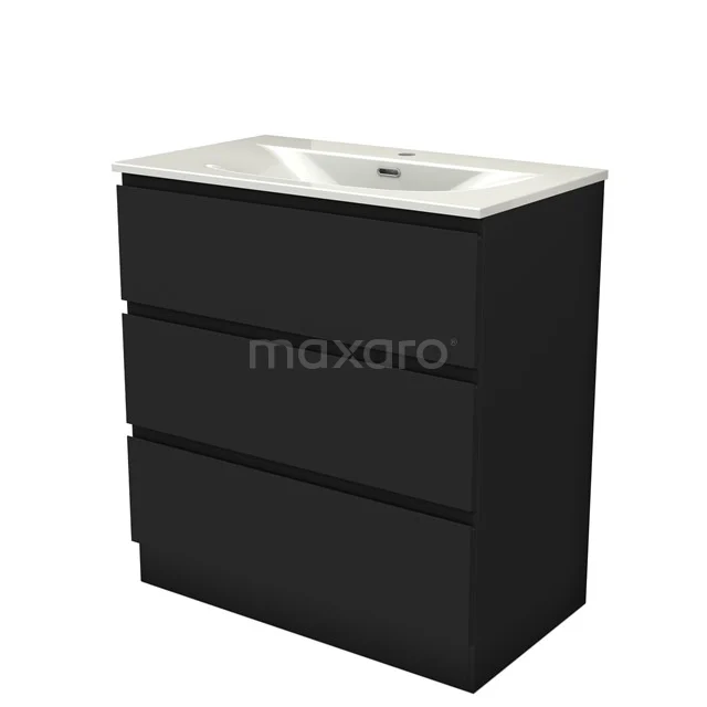 Modulo Vanity units with basin | 80 cm Matte black Handle-less front Ceramic 3 standing drawers BMW19S-00647
