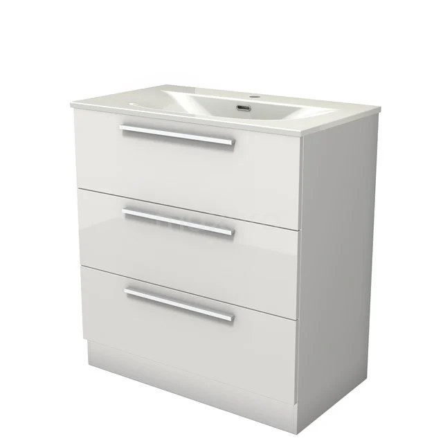 Modulo Vanity units with basin | 80 cm High-gloss white Flat front Ceramic 3 standing drawers BMW19S-00648