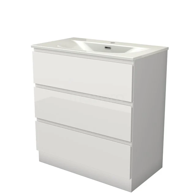 Modulo Vanity units with basin | 80 cm High-gloss white Handle-less front Ceramic 3 standing drawers BMW19S-00650