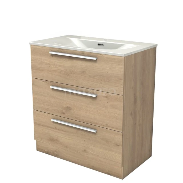 Modulo Waschtische | 80 cm Hellbraune Eiche Flach front Keramik 3 stehende Schubladen BMW19S-00651