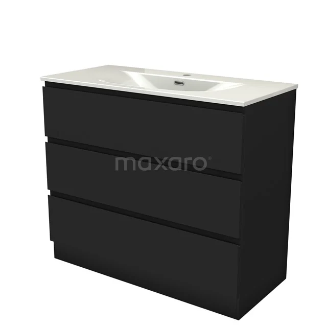 Modulo Vanity units with basin | 100 cm Matte black Handle-less front Ceramic 3 standing drawers BMW19S-00655