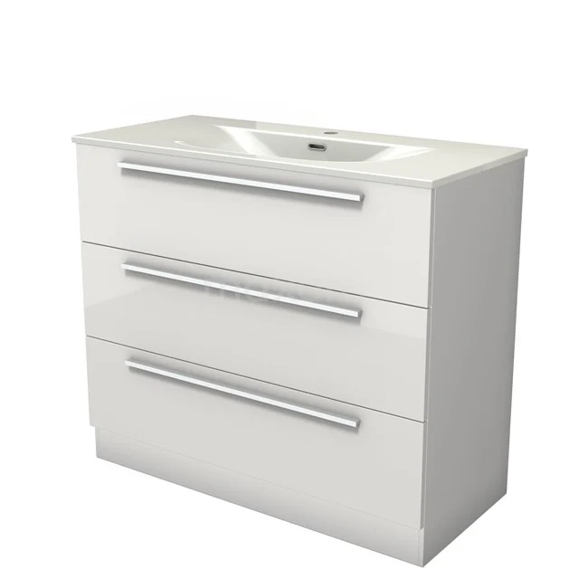 Modulo Vanity units with basin | 100 cm High-gloss white Flat front Ceramic 3 standing drawers BMW19S-00656