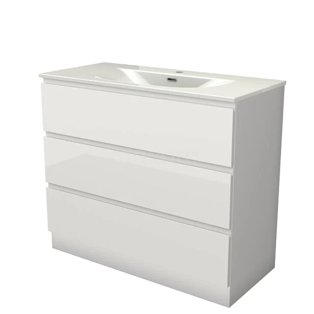 Modulo Bathroom furniture with sink | 100 cm High-gloss white Handle-less front Ceramic 3 standing drawers BMW19S-00658