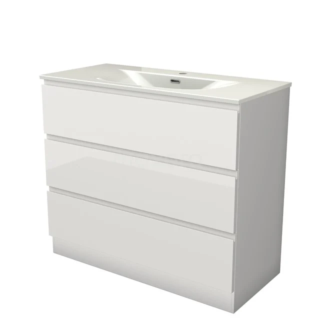 Modulo Vanity units with basin | 100 cm High-gloss white Handle-less front Ceramic 3 standing drawers BMW19S-00658