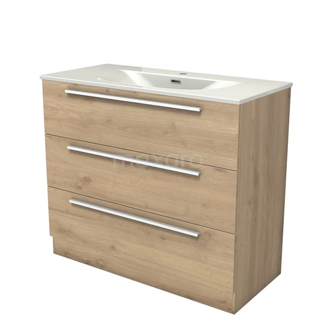 Modulo Waschtische | 100 cm Hellbraune Eiche Flach front Keramik 3 stehende Schubladen BMW19S-00659