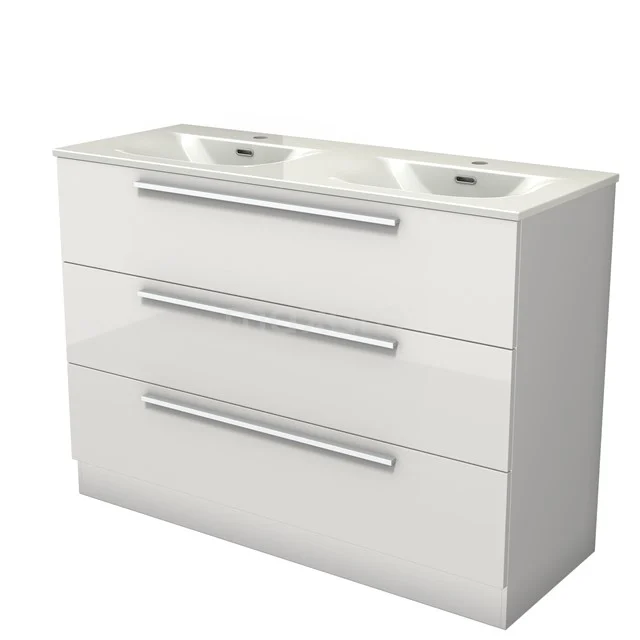 Modulo Vanity units with basin | 120 cm High-gloss white Flat front Ceramic 3 standing drawers BMW19S-00664
