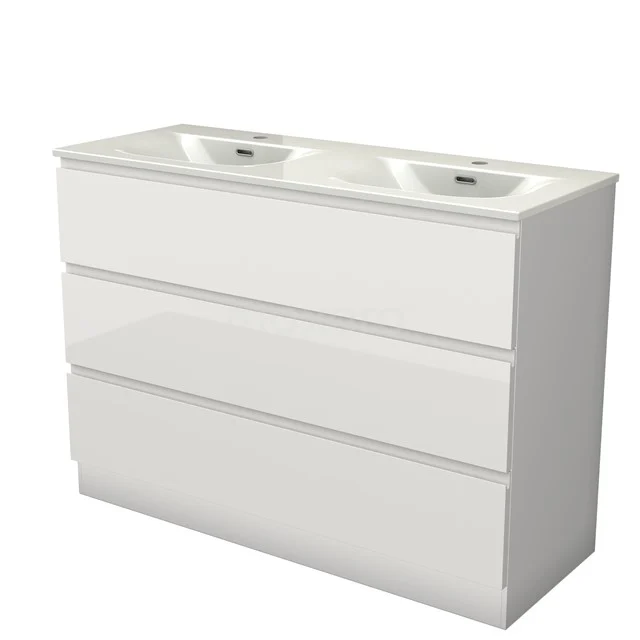Modulo Vanity units with basin | 120 cm High-gloss white Handle-less front Ceramic 3 standing drawers BMW19S-00666