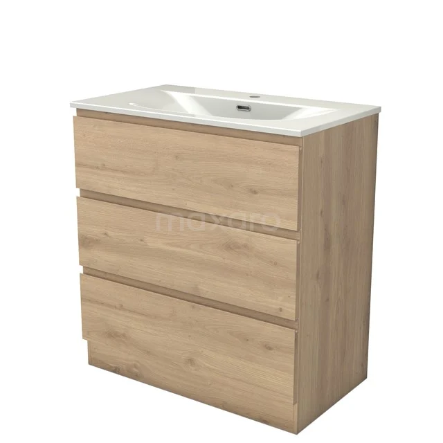 Modulo Vanity units with basin | 80 cm Light brown oak Handle-less front Ceramic 3 standing drawers BMW19S-00669