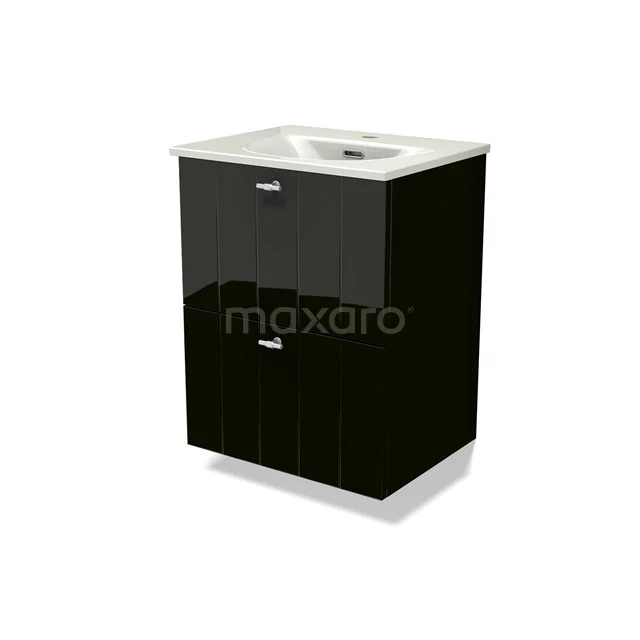Modulo Slim Vanity units with basin | 50 cm High-gloss black Slat front Ceramic 2 Stacked drawers BMW37-00893
