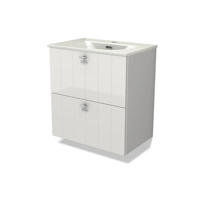 Modulo Slim Vanity units with basin | 60 cm High-gloss white Slat front Ceramic 2 Stacked drawers BMW37-00916