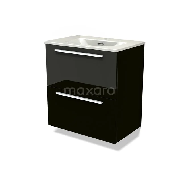 Modulo Slim Waschtische | 60 cm Hochglanz Schwarz Flach front Keramik 2 übereinanderliegende Schubladen BMW37-00924