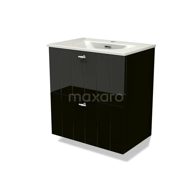 Modulo Slim Vanity units with basin | 60 cm High-gloss black Slat front Ceramic 2 Stacked drawers BMW37-00925
