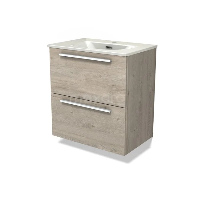 Modulo Slim Waschtische | 60 cm Hellgraue Eiche Flach front Keramik 2 übereinanderliegende Schubladen BMW37-00927