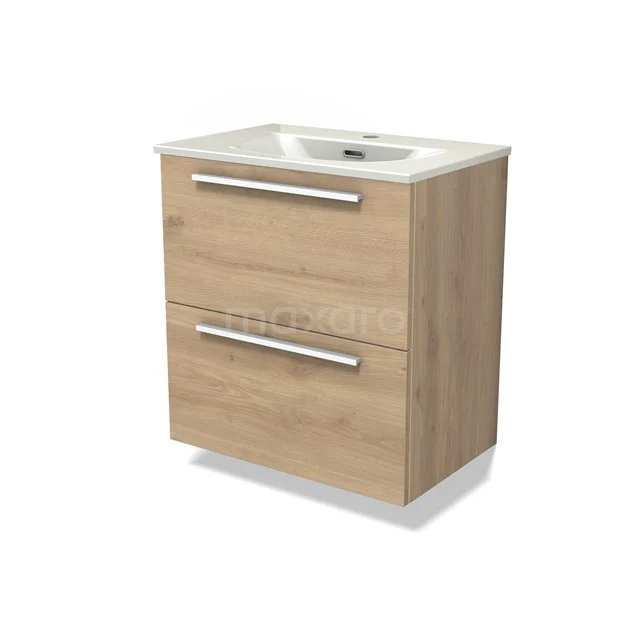 Modulo Slim Waschtische | 60 cm Hellbraune Eiche Flach front Keramik 2 übereinanderliegende Schubladen BMW37-00931