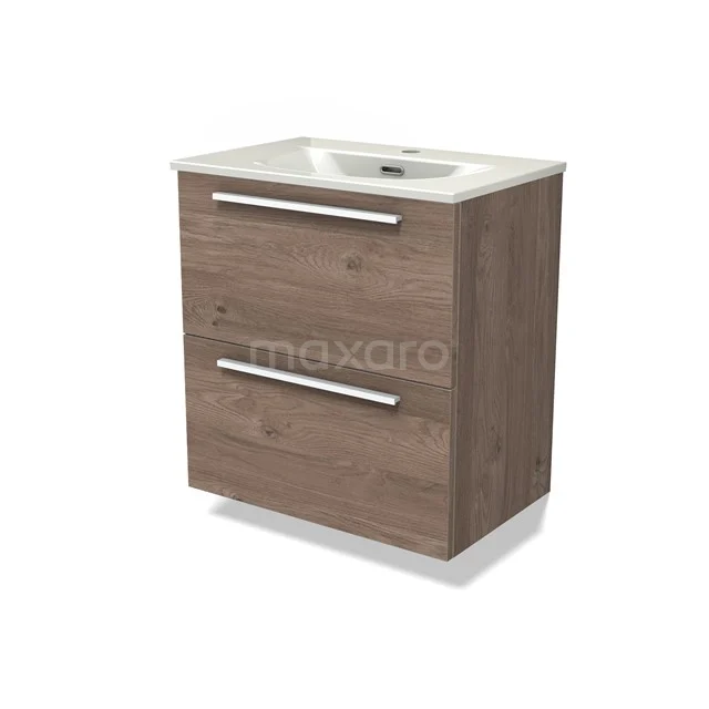Modulo Slim Waschtische | 60 cm Mittelbraune Eiche Flach front Keramik 2 übereinanderliegende Schubladen BMW37-00933