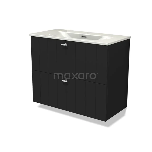 Modulo Slim Vanity units with basin | 80 cm Matte black Slat front Ceramic 2 Stacked drawers BMW37-00942