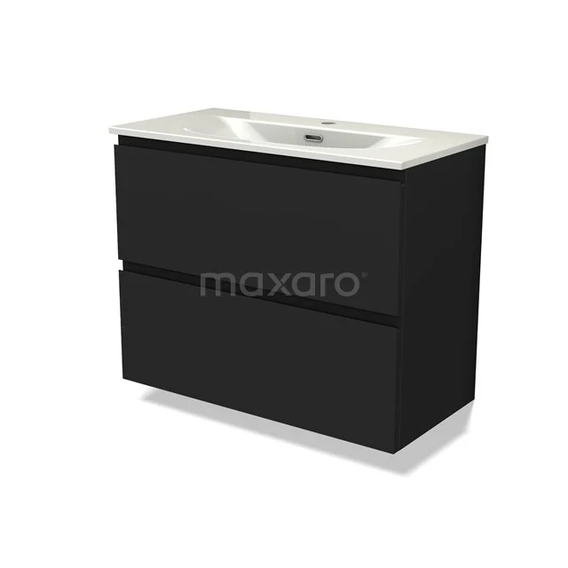 Modulo Slim Vanity units with basin | 80 cm Matte black Handle-less front Ceramic 2 Stacked drawers BMW37-00943