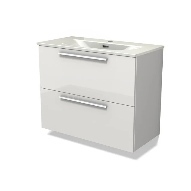 Modulo Slim Vanity units with basin | 80 cm High-gloss white Flat front Ceramic 2 Stacked drawers BMW37-00947