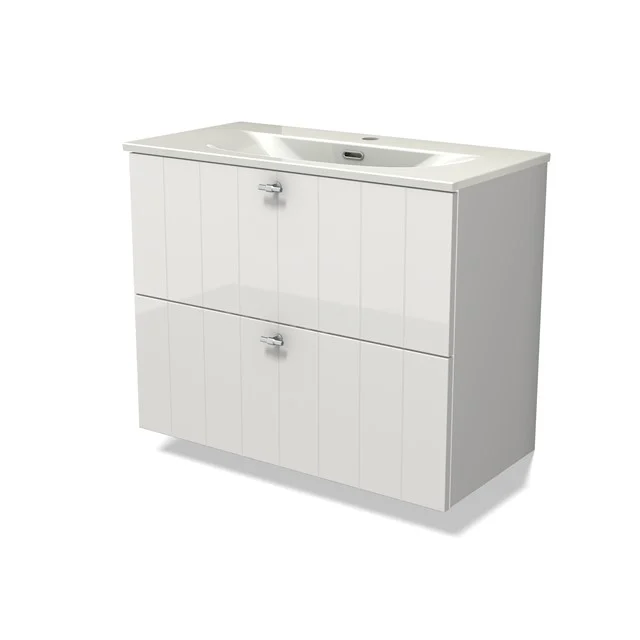 Modulo Slim Vanity units with basin | 80 cm High-gloss white Slat front Ceramic 2 Stacked drawers BMW37-00948