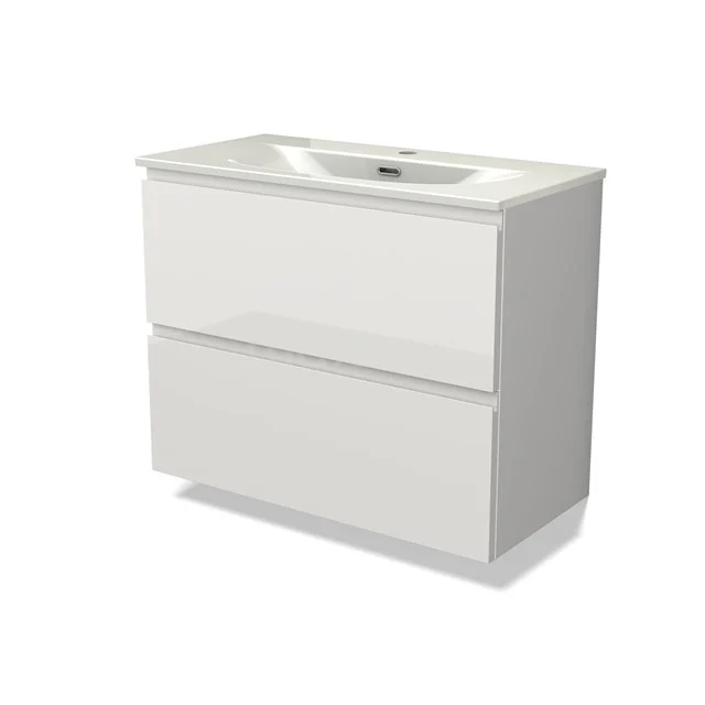 Modulo Slim Vanity units with basin | 80 cm High-gloss white Handle-less front Ceramic 2 Stacked drawers BMW37-00949
