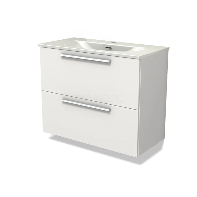 Modulo Slim Vanity units with basin | 80 cm Matte white Flat front Ceramic 2 Stacked drawers BMW37-00950