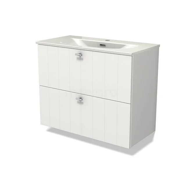 Modulo Slim Vanity units with basin | 80 cm Matte white Slat front Ceramic 2 Stacked drawers BMW37-00951