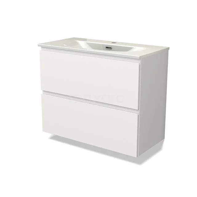 Modulo Slim Vanity units with basin | 80 cm Matte white Handle-less front Ceramic 2 Stacked drawers BMW37-00952