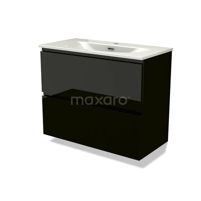 Modulo Slim Vanity units with basin | 80 cm High-gloss black Handle-less front Ceramic 2 Stacked drawers BMW37-00958