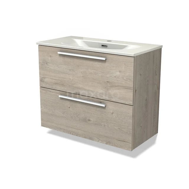 Modulo Slim Vanity units with basin | 80 cm Light grey oak Flat front Ceramic 2 Stacked drawers BMW37-00959
